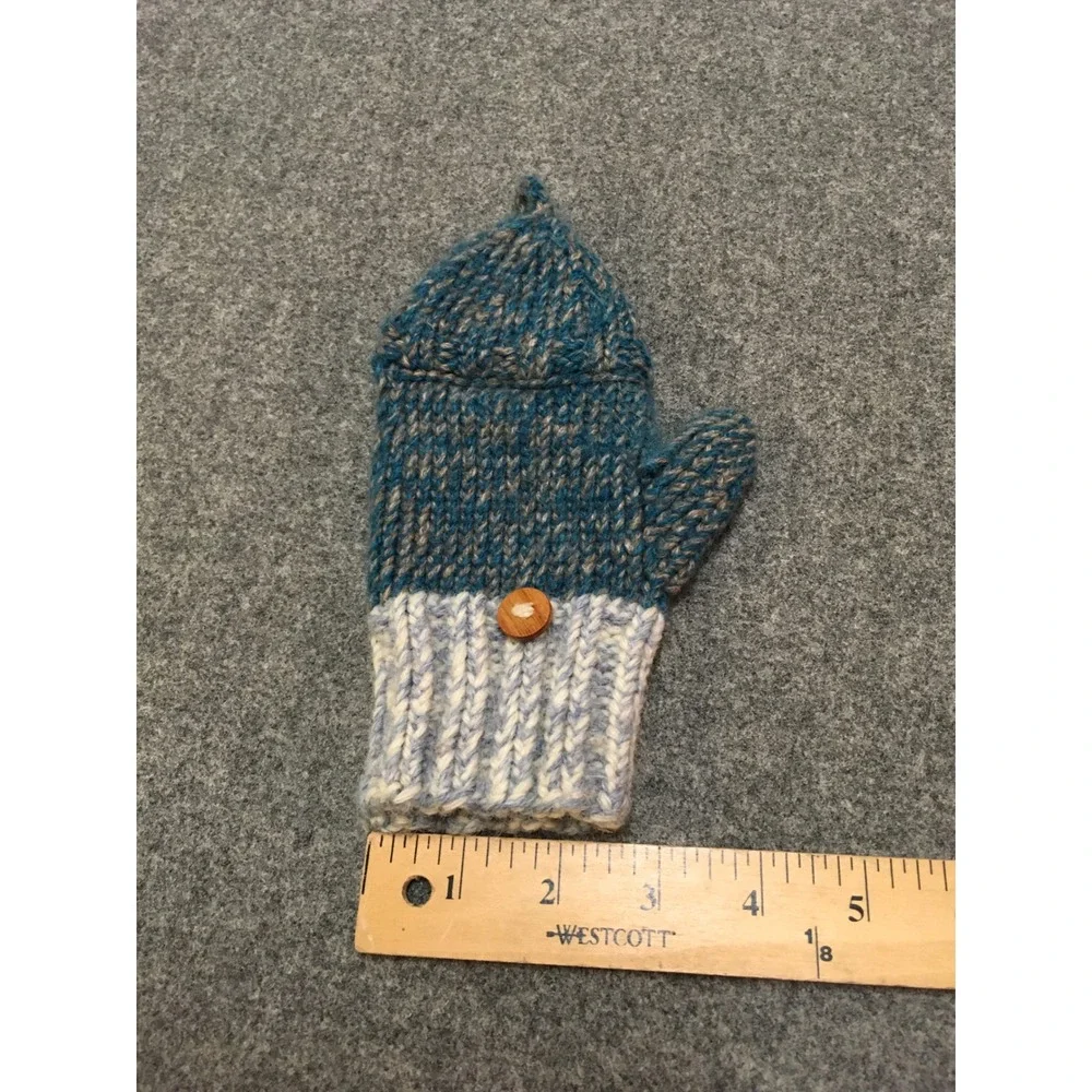 Handmade Convertible Mittens Kids Ages 4-8 Blue 100% Wool Flip Top Gloves